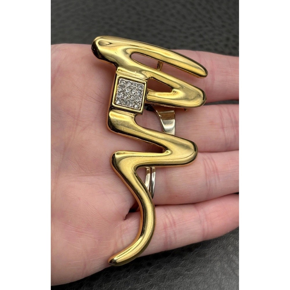 Vintage 80s Parklane Gold Tone Abstract Zig Zag Pin Brooch Rhinestone Runway